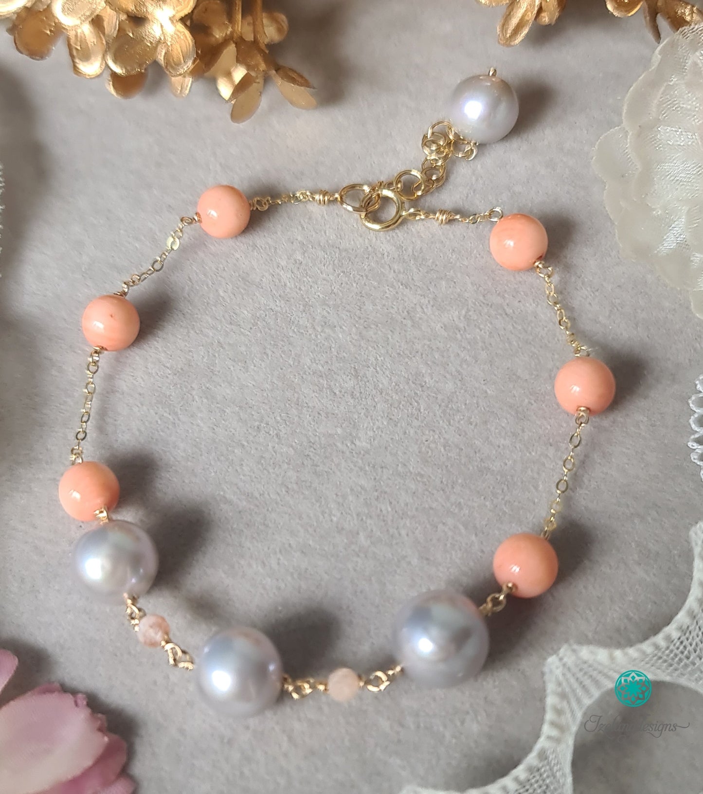 8mm Round Silvery Grey Edison Pearls with Pink Corals Bracelet-BT267
