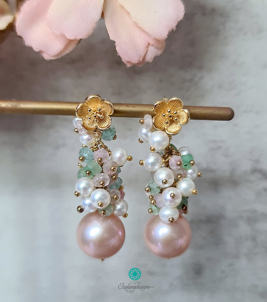 10-11mm Golden Peach Round Edison Pearls Dangles with Aquamarine and White Freshwater Pearls-EG437