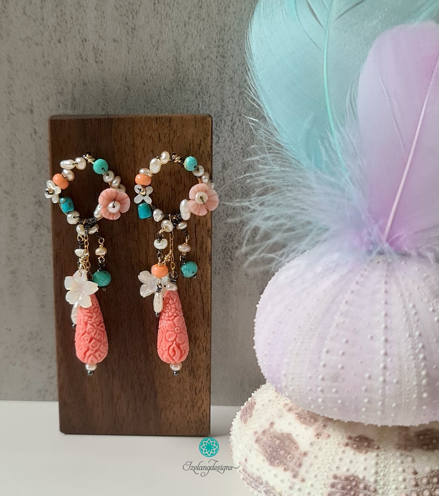 Circular Stud Dangling Mixed Metal Coral Earring-EG444