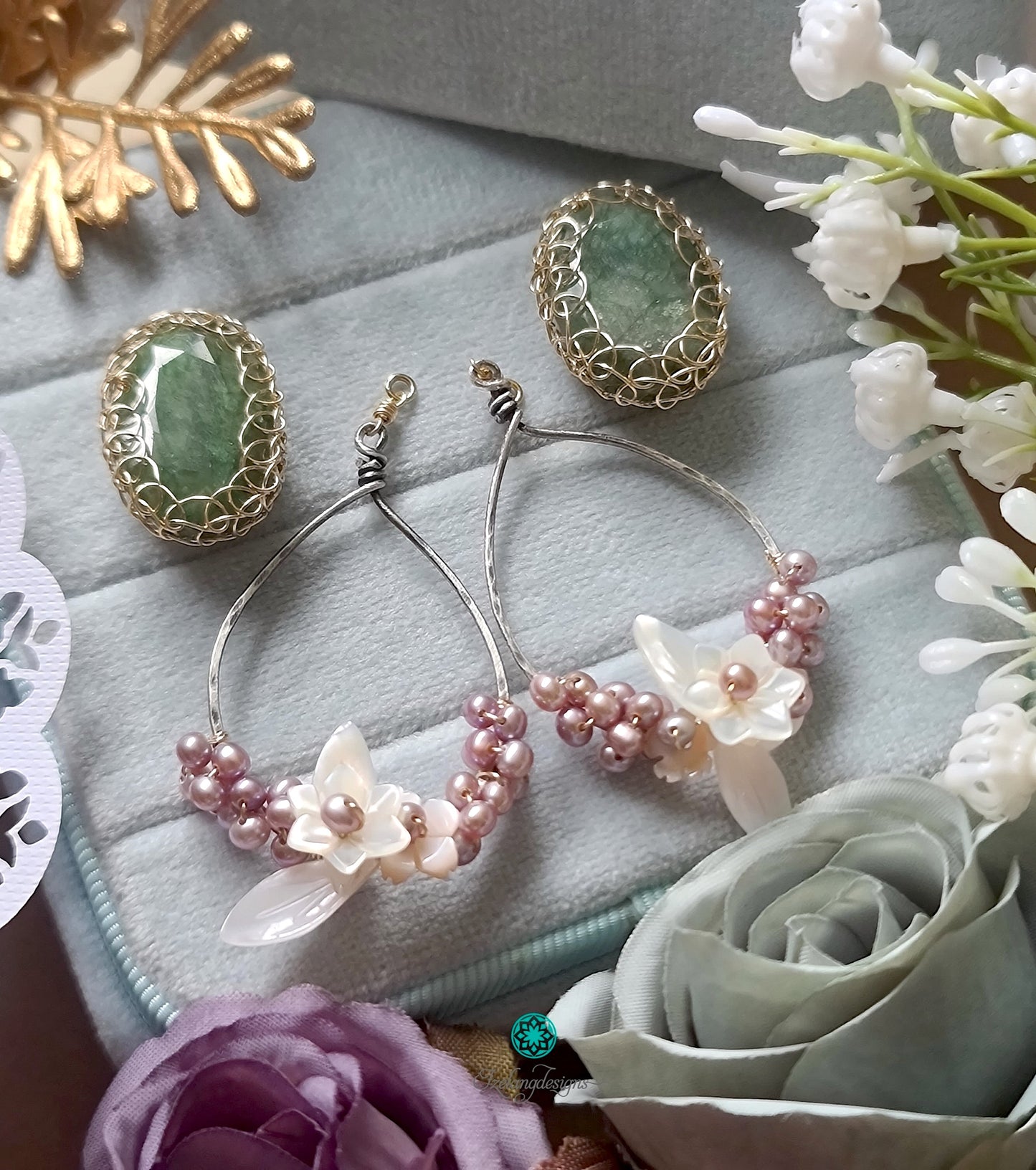 Purple Round Freshwater Pearls and Shell Flowers Mixed Metal with Moss Agate Detachable Earring-EG445