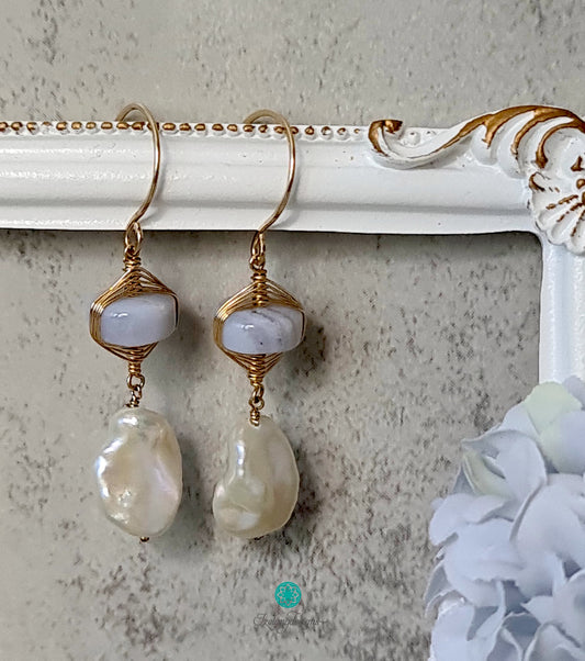 Blue Lace Agate Earring with Pearls-EG452