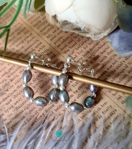 Grey Pearls Huggies Earrings in 925 Sterling Silver- EG458