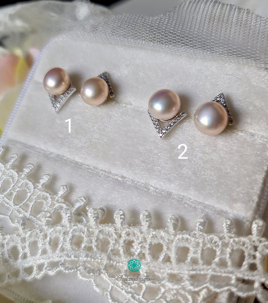 Pearl Stud in CZ V Style with 8-9mm Metallic Pink Freshwater Button Pearls-EGM128