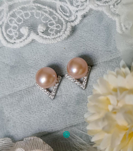 Pearl Stud in CZ V Style with 8-9mm Purple Freshwater Button Pearls-EGM130