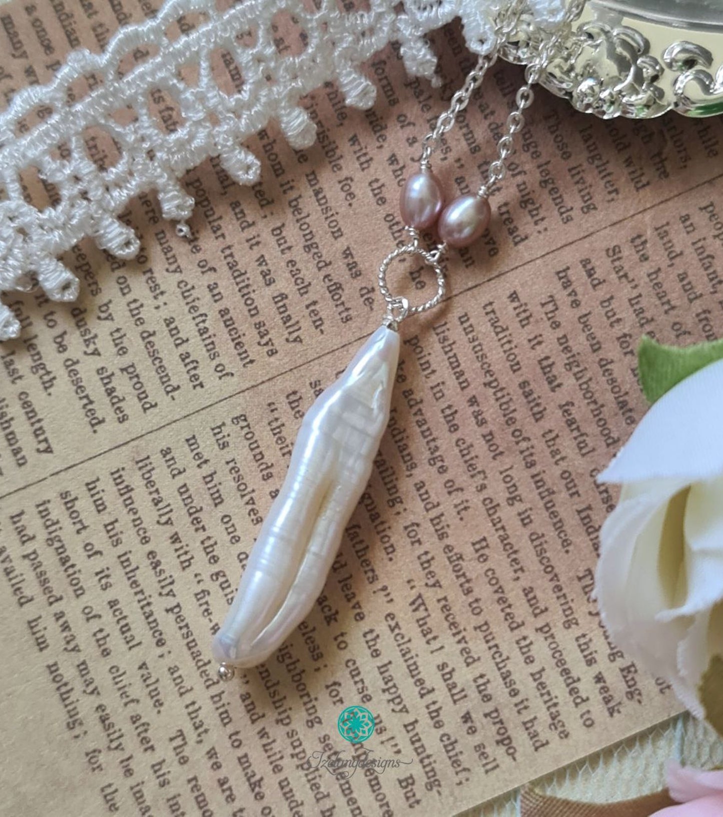 Biwa Pearl Pendant Necklace with Freshwater Rice Pearls -NE362