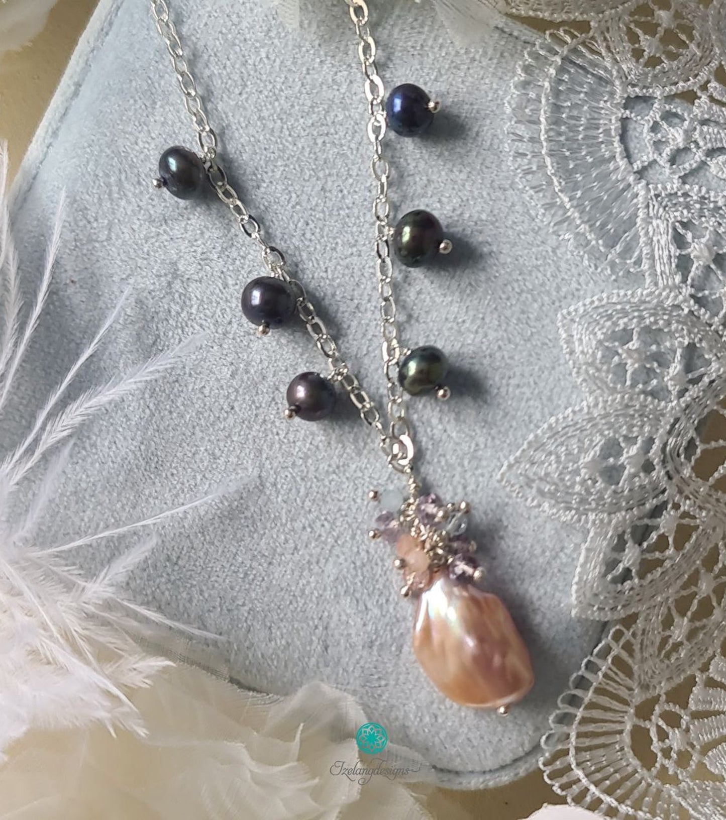 Purple Pink Freshwater Pearl focal with Black Tahaitian Pearls Necklace-NE369