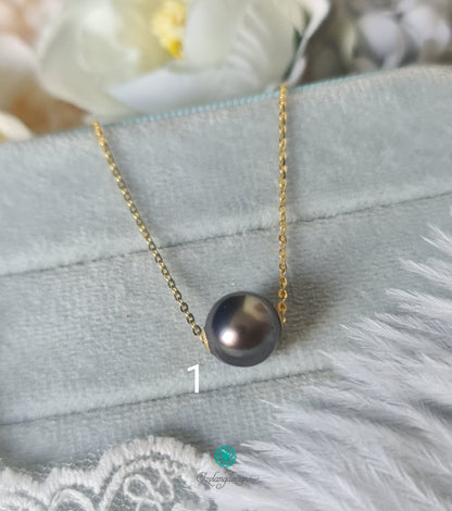 9-10mm Round Black Tahitian Pearl in 925 Sterling Silver Chain in gold plated-NEM013