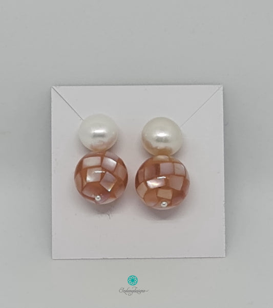 9mm White Button Freshwater Pearls with 12mm Pink Mosaic Round Shell Drop in 925SS-EG427