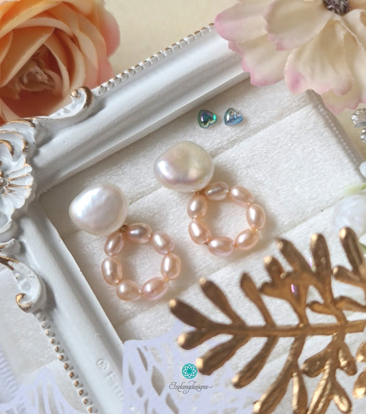 10-12mm White Keshi Pearls Stud with 3-4mm Pink Circular Drop Earring-EG431