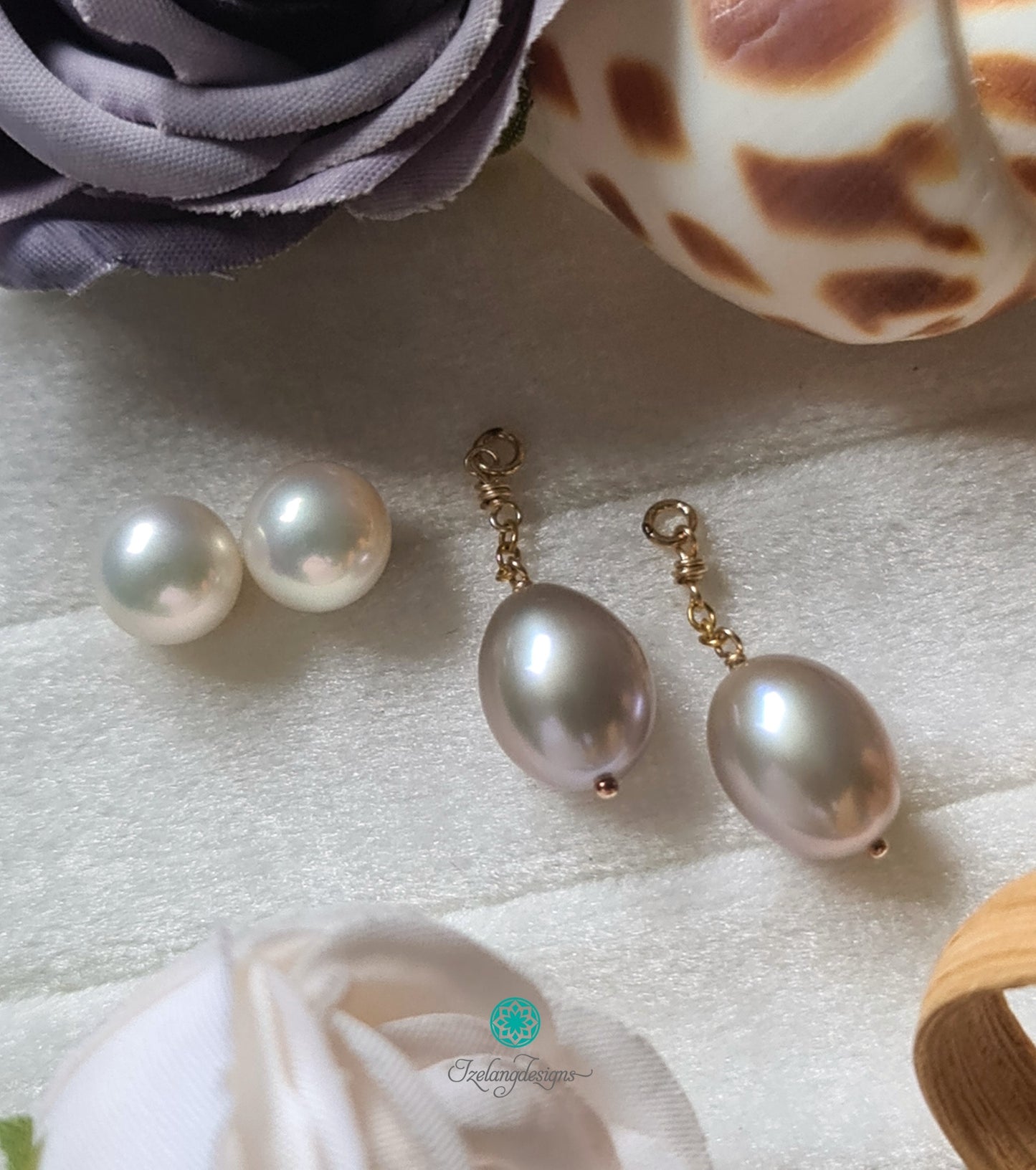 7-8mm White Akoya Round Pearls with 9-10mm Purple Grey Freshwater Pearls Rice Shaped Detachable Drops-EG433