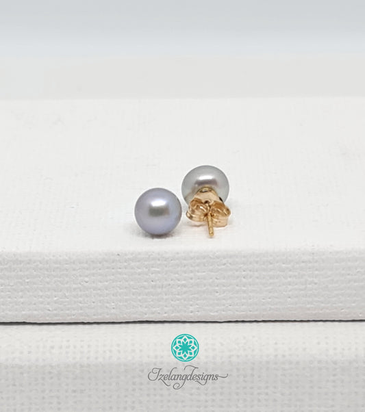 6-6.5mm Freshwater Pearl Button Stud Earrings Silvery Grey-EGM054