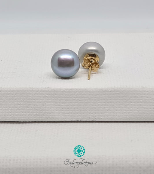 9-9.5mm Freshwater Pearl Button Stud Earrings Silvery Grey-EGM057