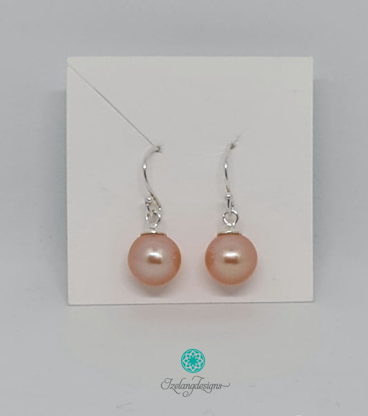 8-9mm Golden Pink Edison Round Pearls with Plain Top Bail and Ear Hook in 925 Sterling Silver-EGM086