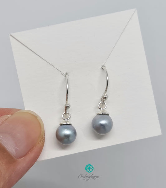 6.5-7mm Light Grey Round Akoya Pearls with Plain Top Bail and Ear Hook in 925 Sterling Silver-EGM088