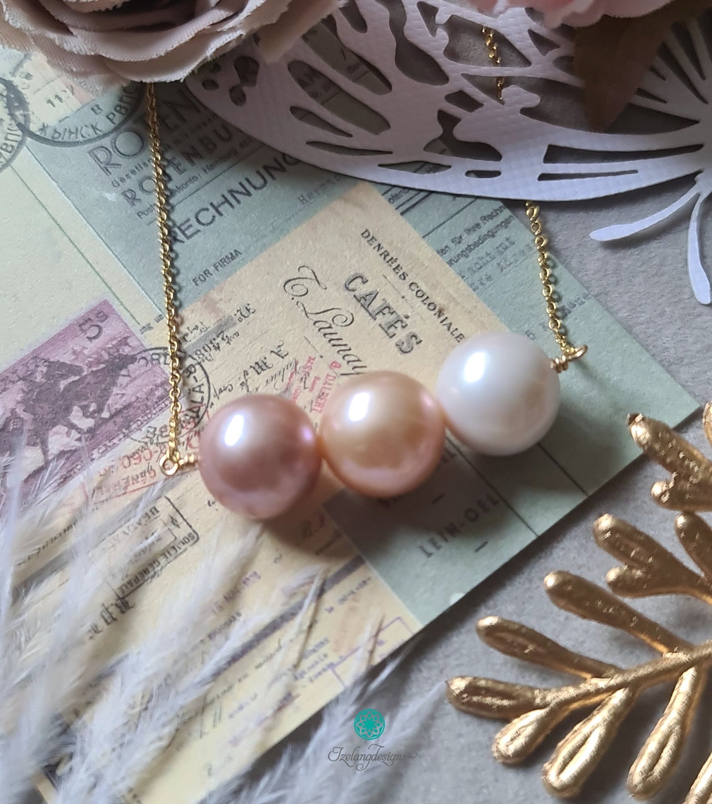 Golden Peach White and Purple Edison Pearl Trio Pendant Necklace with 14K Gold Filled Chain-NE334