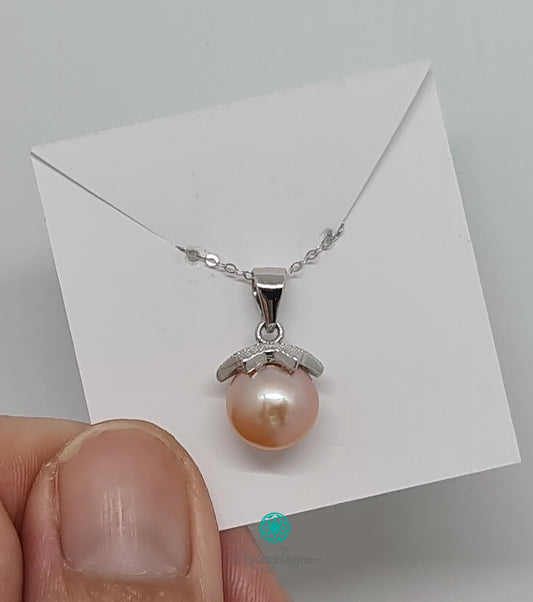 8.8mm Round Golden Pink Edison Pearl Pendant with Cubic Zirconia 925 Sterling Silver cap and Chain-NE347